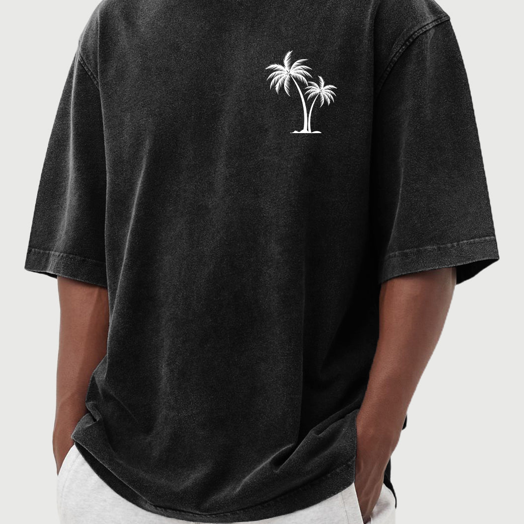 Men's Vintage Washed Palm Tree Print Short Sleeved Round Neck T-shirt ...