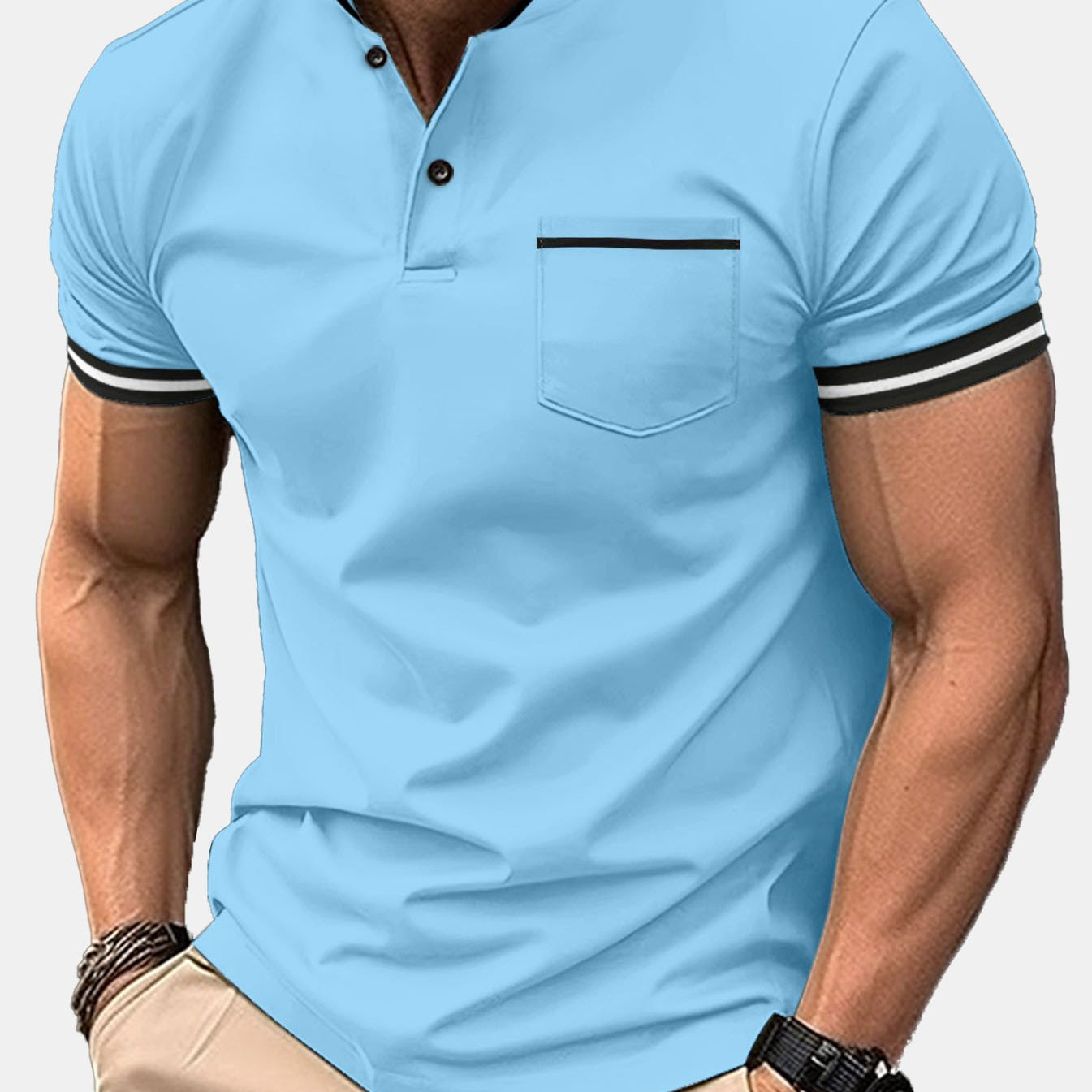 Men's Short Sleeve Solid Color Stand Collar Pocket Polo Henley Shirt ...